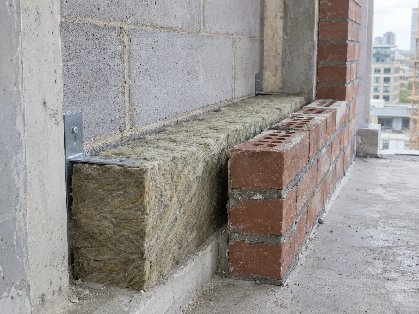 Illustrative service image: mineral wool cavity barrier between blockwork and an unfinished brick outer wall.