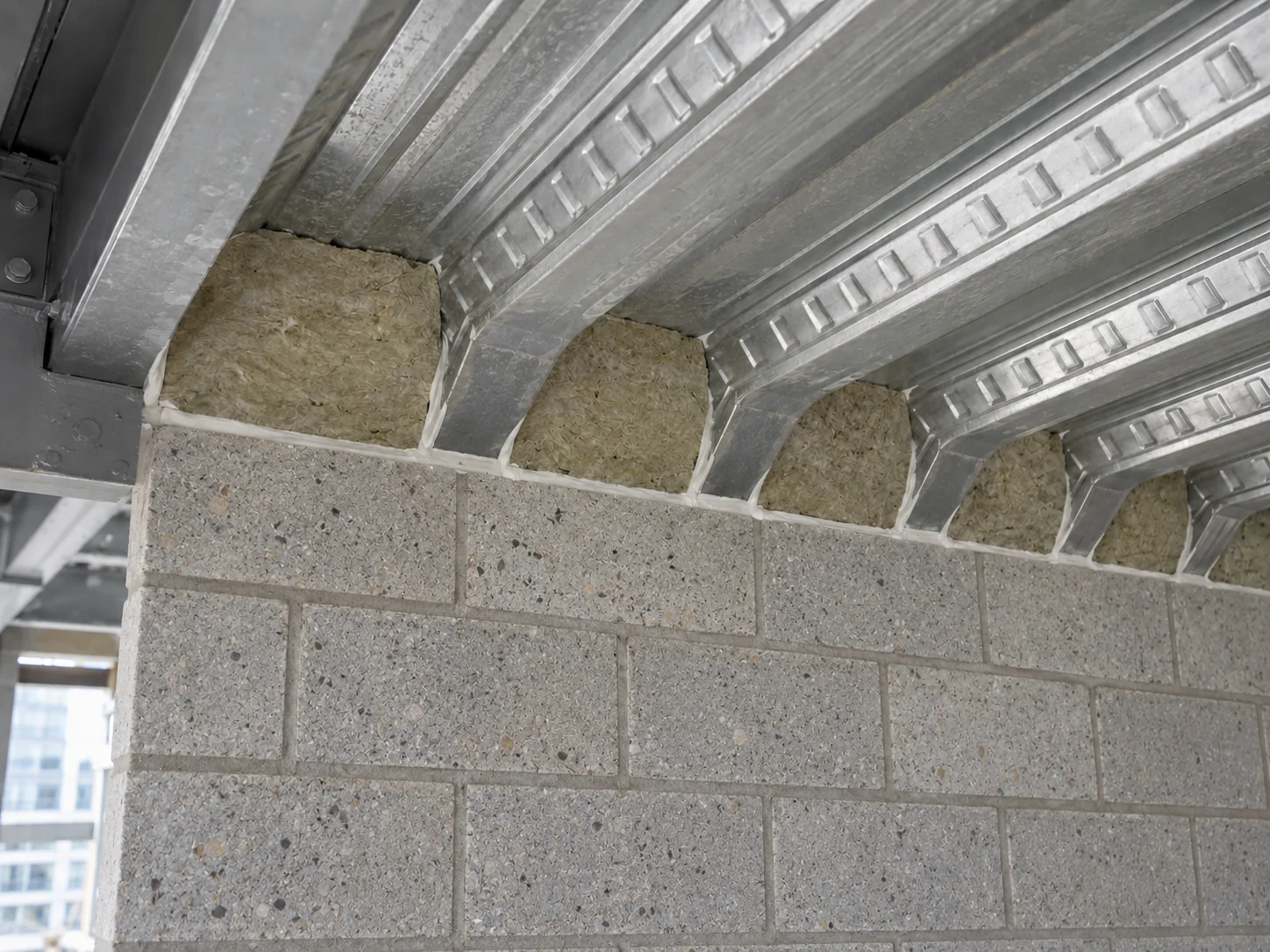Illustrative service image: mineral wool infill blocks sealing the profiles of metal decking above a blockwork wall.