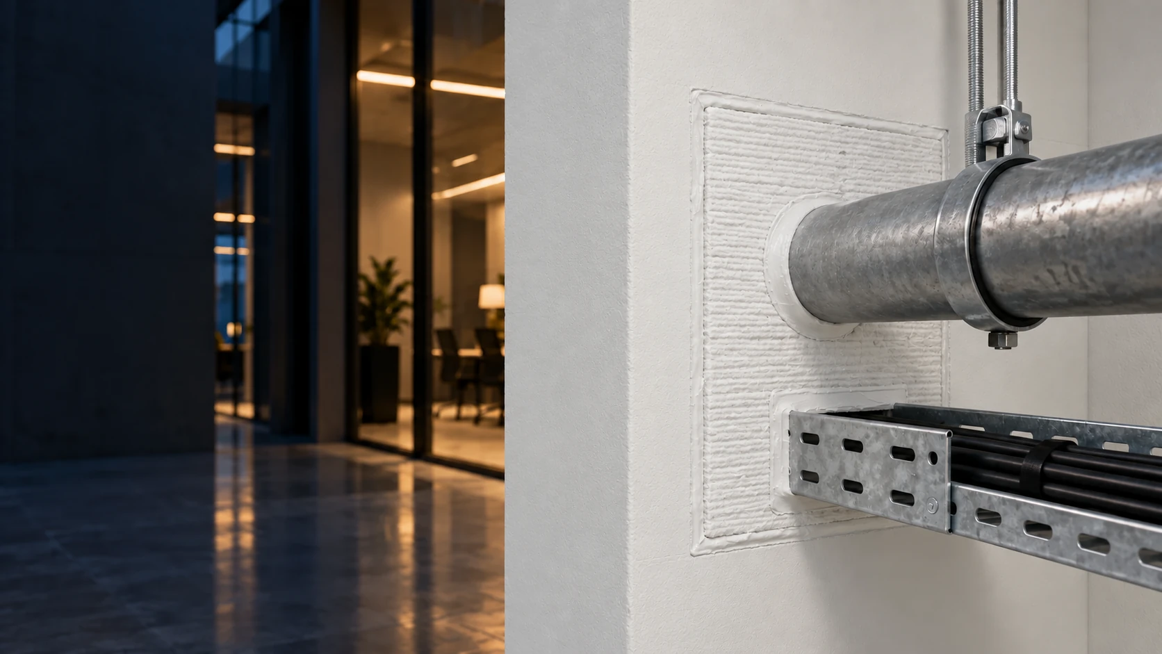 Conceptual service penetration with white coated batt and white mastic seals