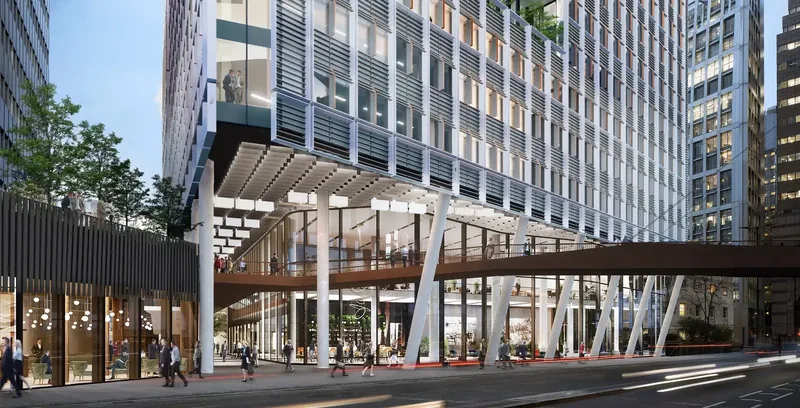 Street-level view of the entrance and tall facade at 2 Aldermanbury Square