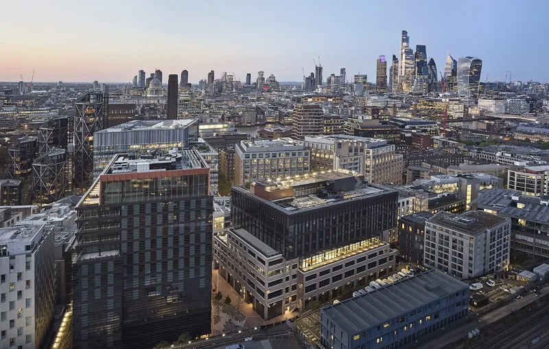 Elevated view of Timber Square and the surrounding London skyline